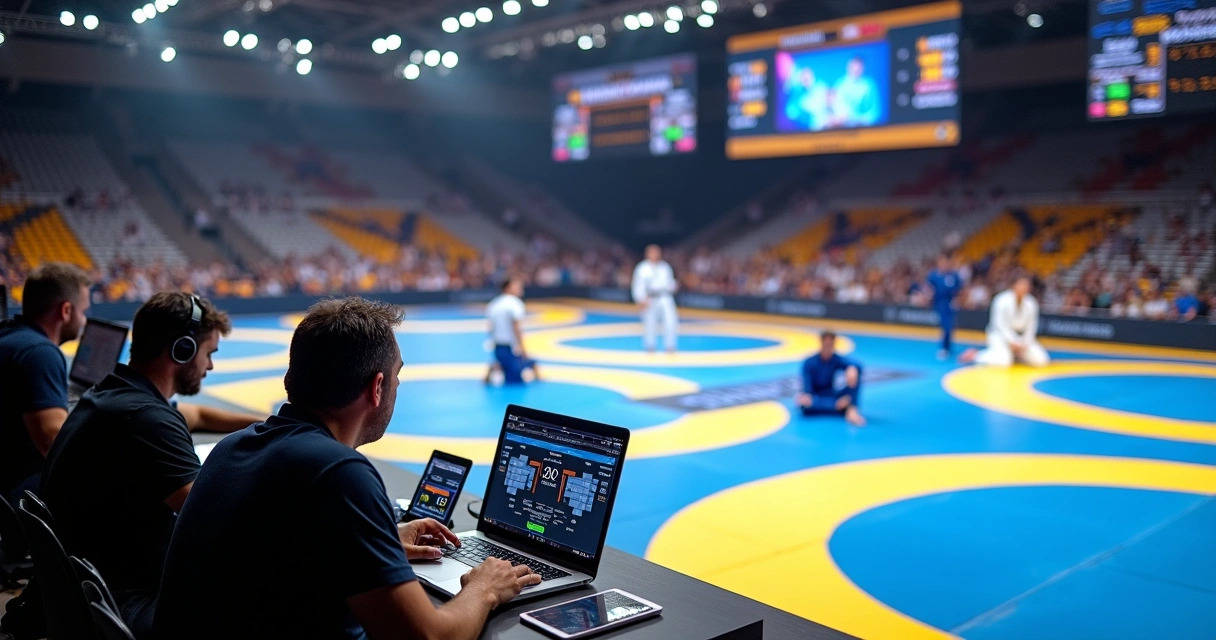 Equipe organizadora ajustando sistema digital durante campeonato de Jiu-Jitsu lotado 
