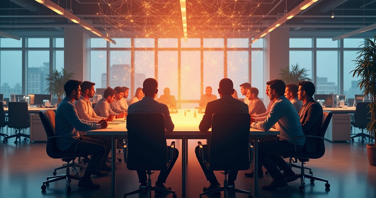 Pessoas reunidas em uma mesa de trabalho com conexões brilhantes entre elas 