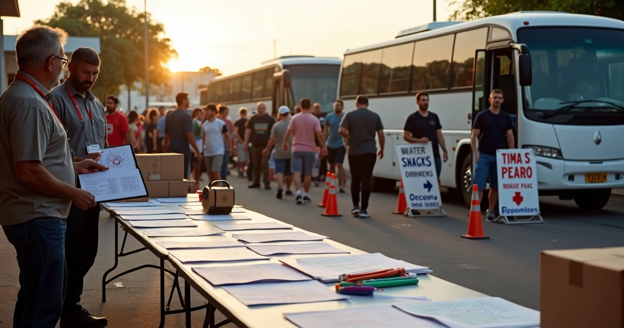 Coordenação de caravana política ao lado de ônibus com checklist em prancheta 