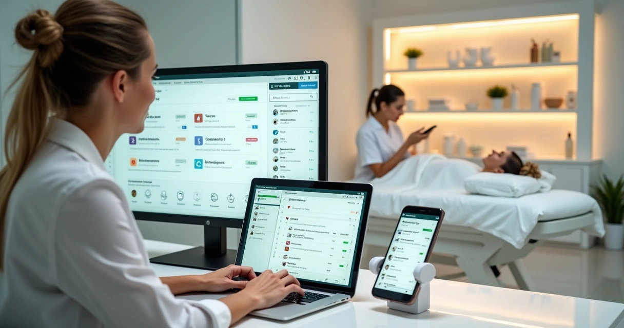 Gestora de clínica de estética organizando clientes no computador ao lado de esteticista atendendo paciente 