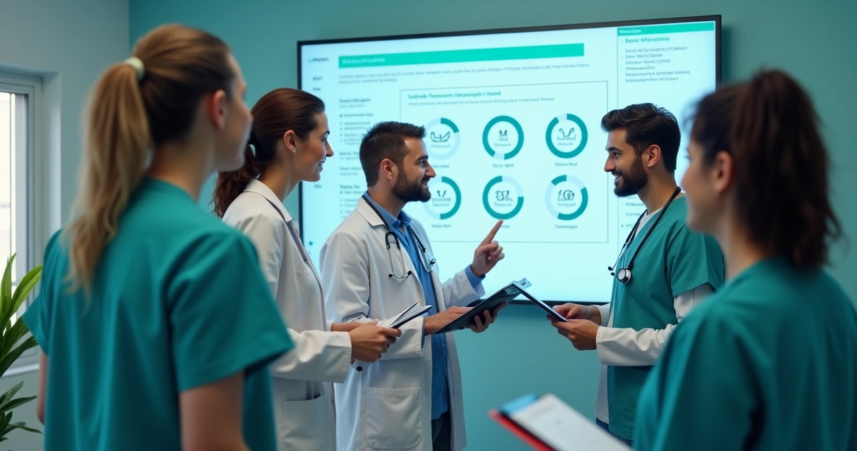 Equipe médica reunida em clínica organizando acesso a dados digitais 