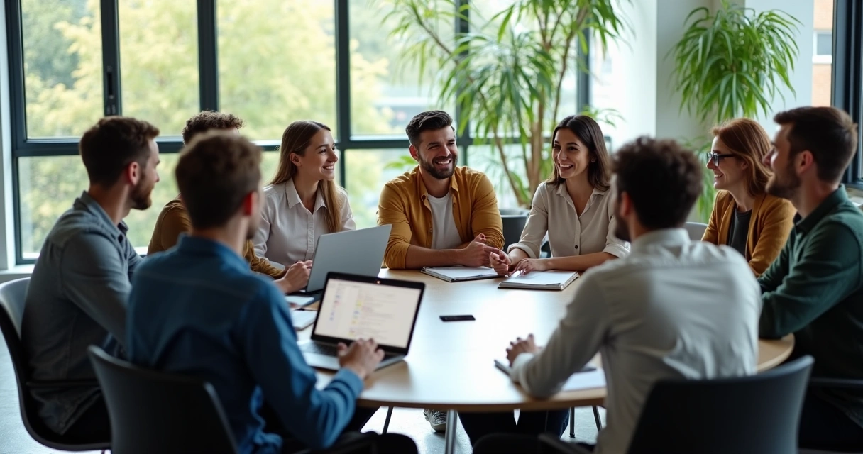Equipe de trabalho reunida em círculo, discutindo ideias em ambiente moderno e iluminado 
