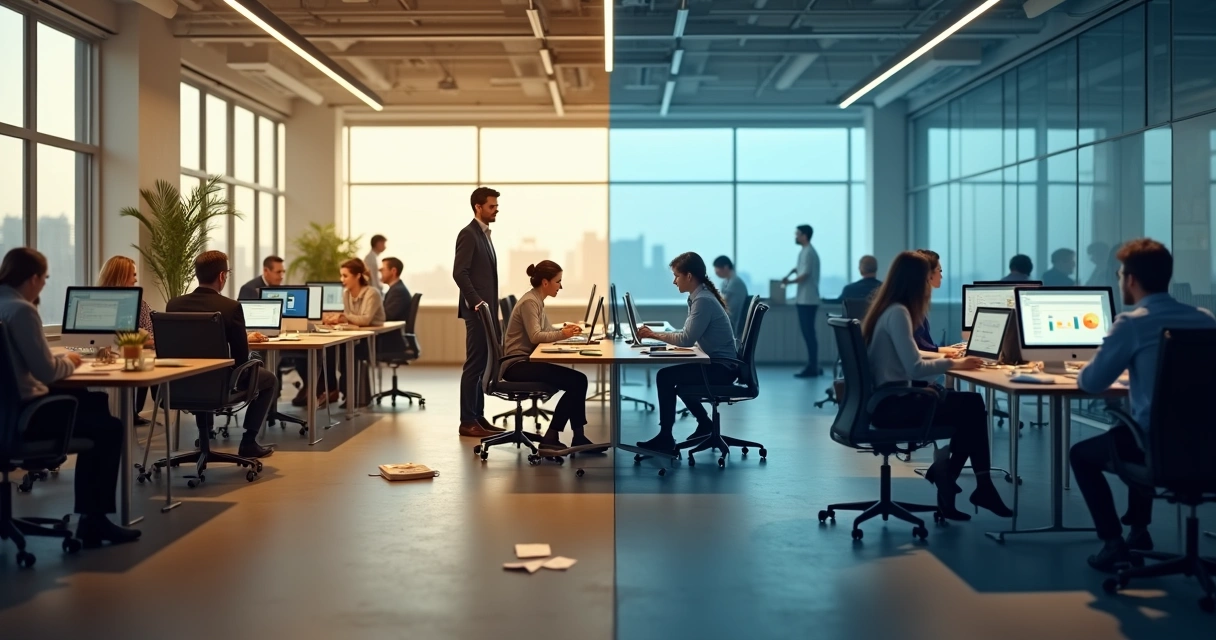 Equipe de escritório dividida entre conexão e isolamento 