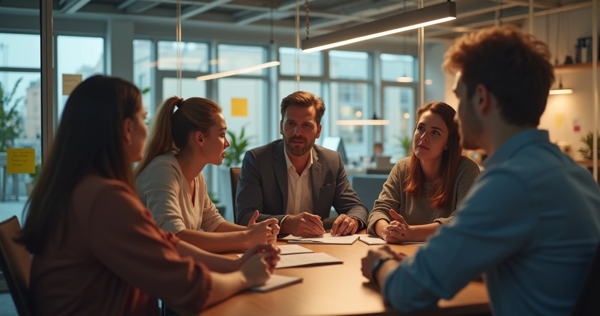 Equipe unida em sala de reunião, expressão de cooperação e respeito mútuo 