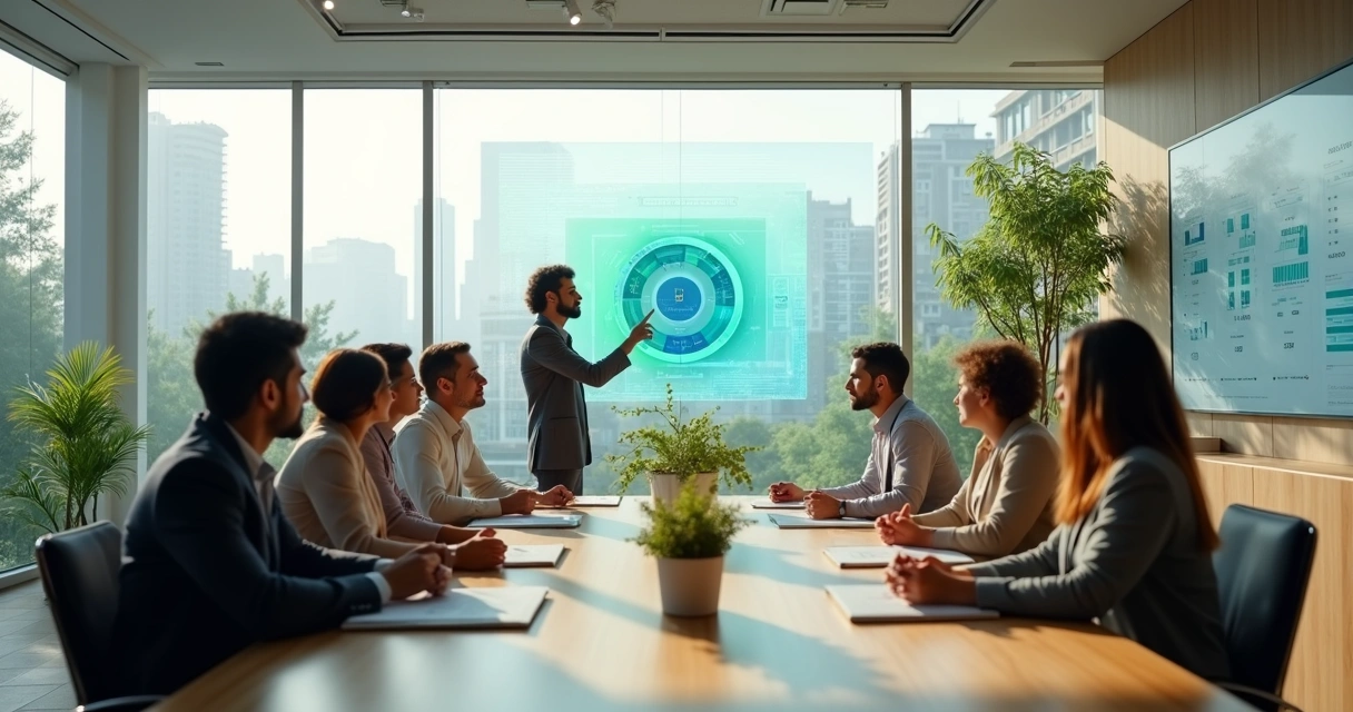 Líder e equipe colaborando em escritório moderno com elementos de tecnologia e natureza integrados 