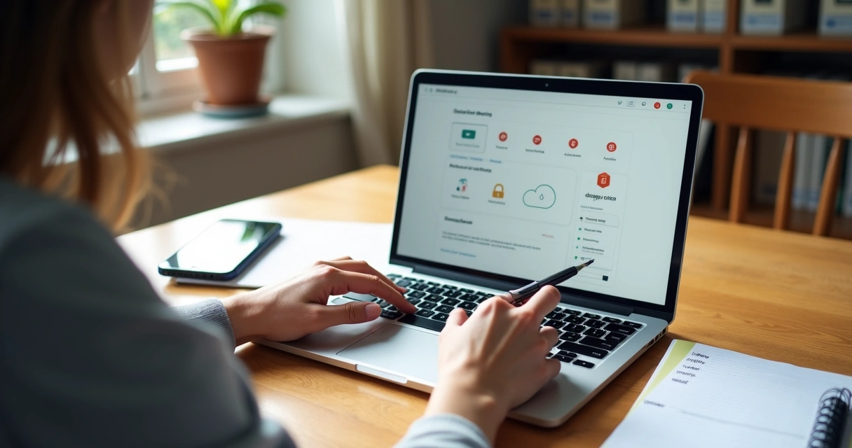 Pessoa organizando contas digitais em notebook com documentos ao lado 