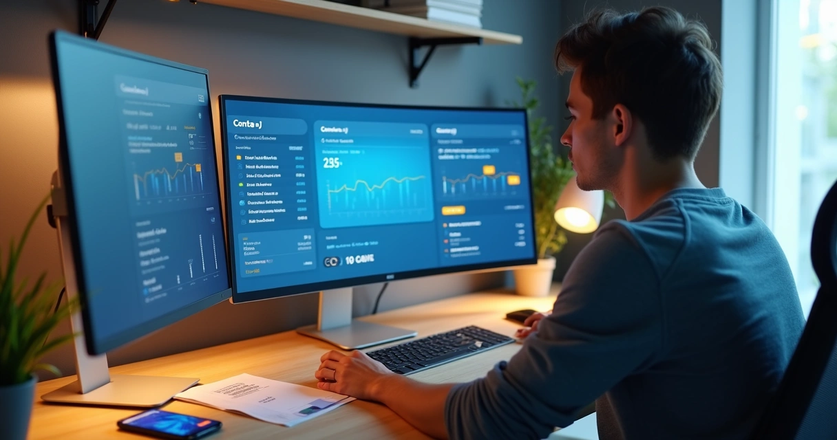 Devloper separando visualmente finanças PJ e PF em painel digital colorido 