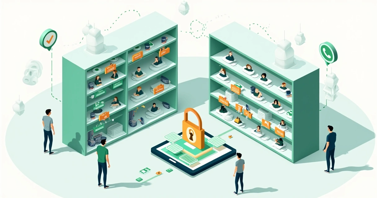 Ilustração de segmentos organizados de contatos de WhatsApp em prateleiras digitais 