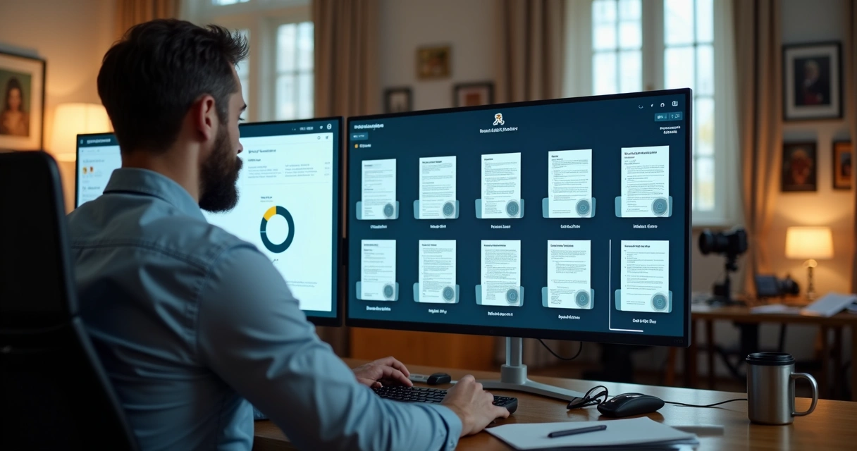 Fotógrafo organizando contratos digitais em plataforma, tela com documentos digitalizados 