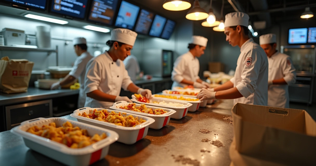 Cozinha delivery organizada com funcionários em ação 