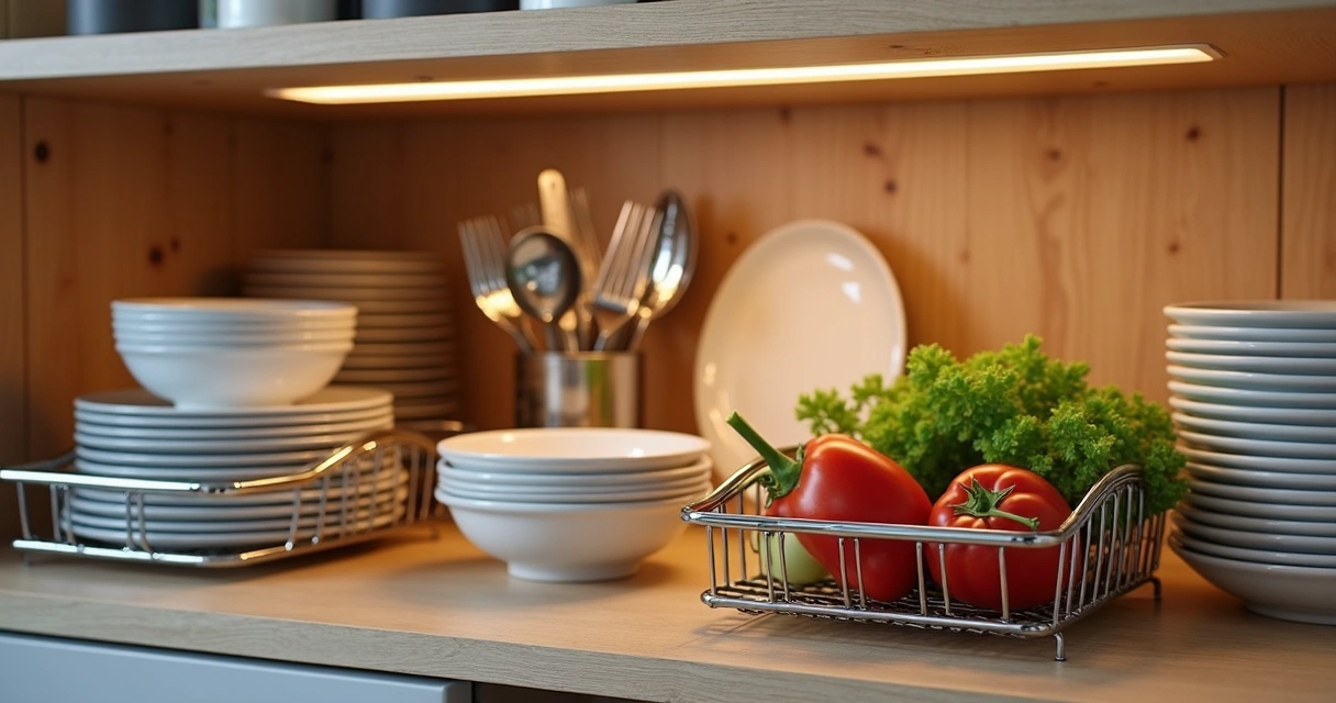 Organização interna de armários em uma cozinha compacta, detalhando divisórias e cestos