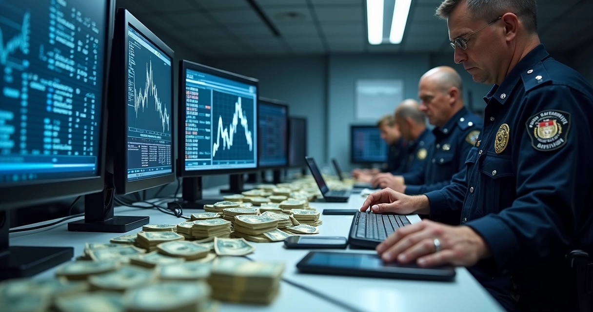 Polícia analisa dinheiro, celulares e computadores em mesa de perícia 