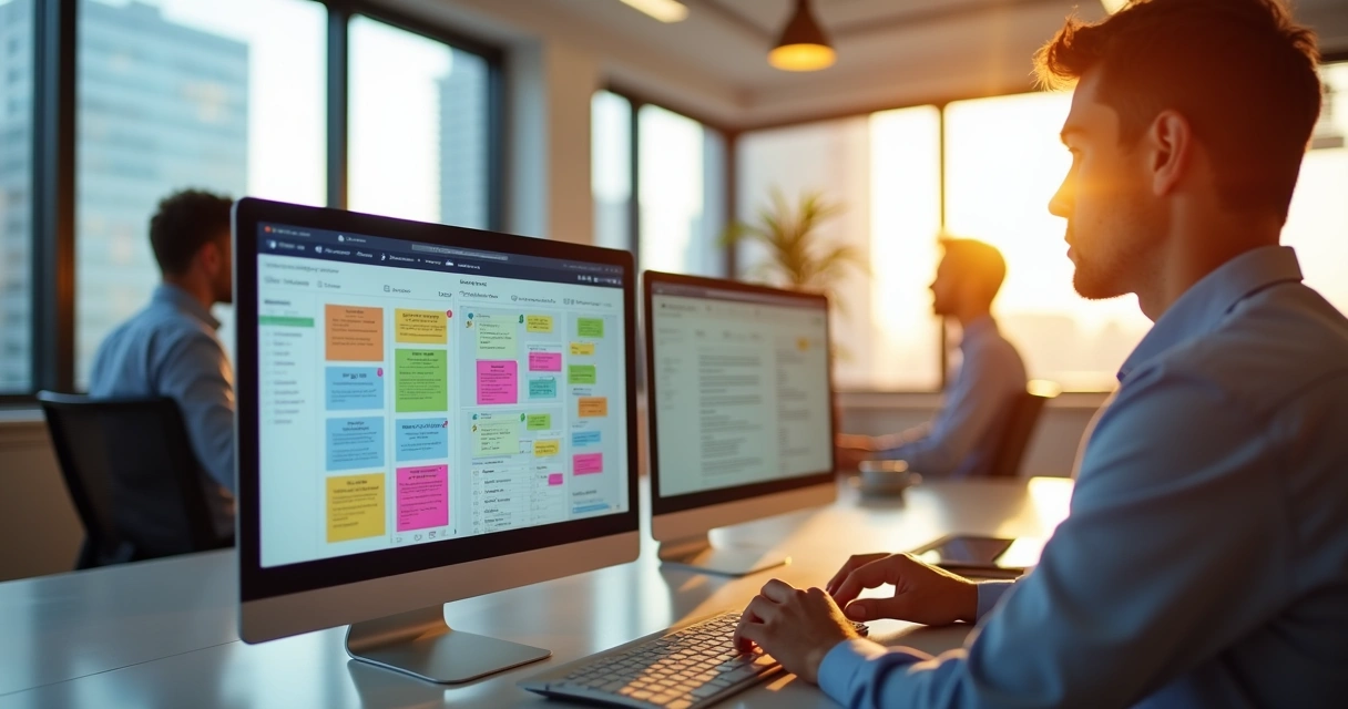 Painel de CRM imobiliário com contatos de clientes organizados em colunas e cores diferentes 