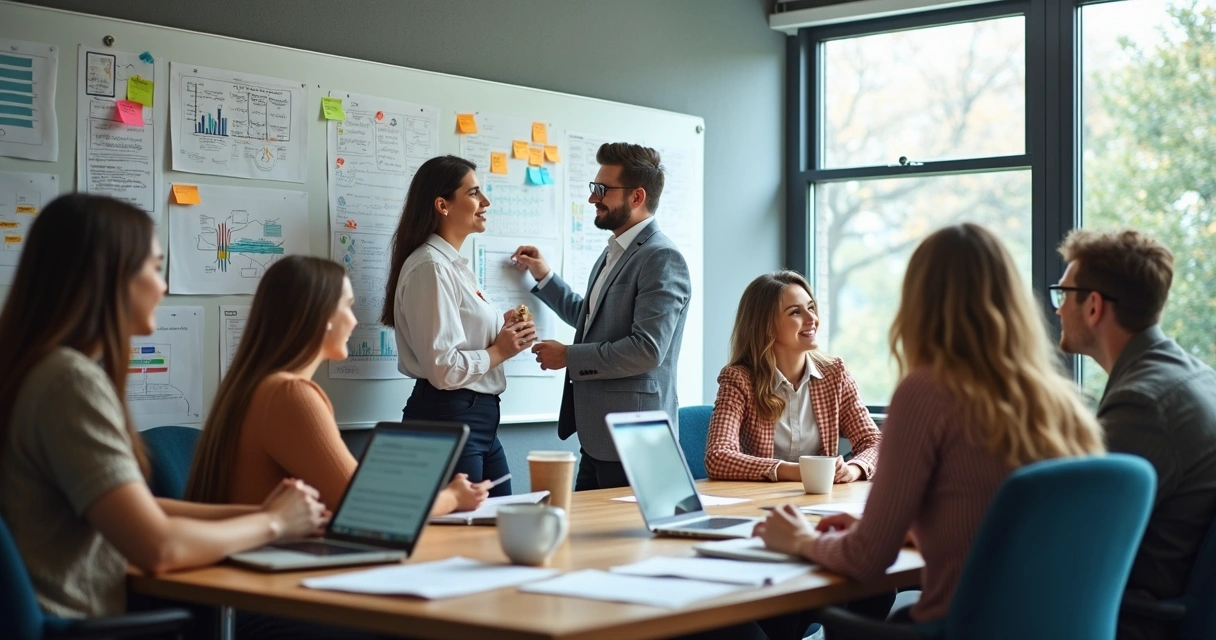 Equipe organizando dados em quadros brancos e computadores 