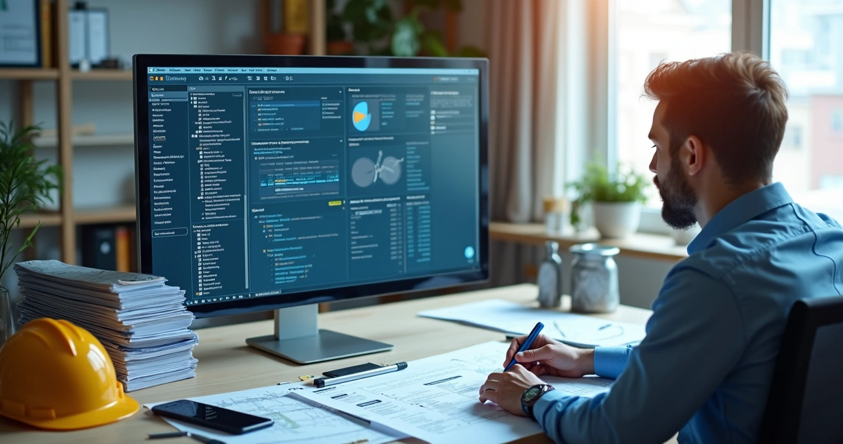 Profissional organizando documentos digitais de clientes e obras 