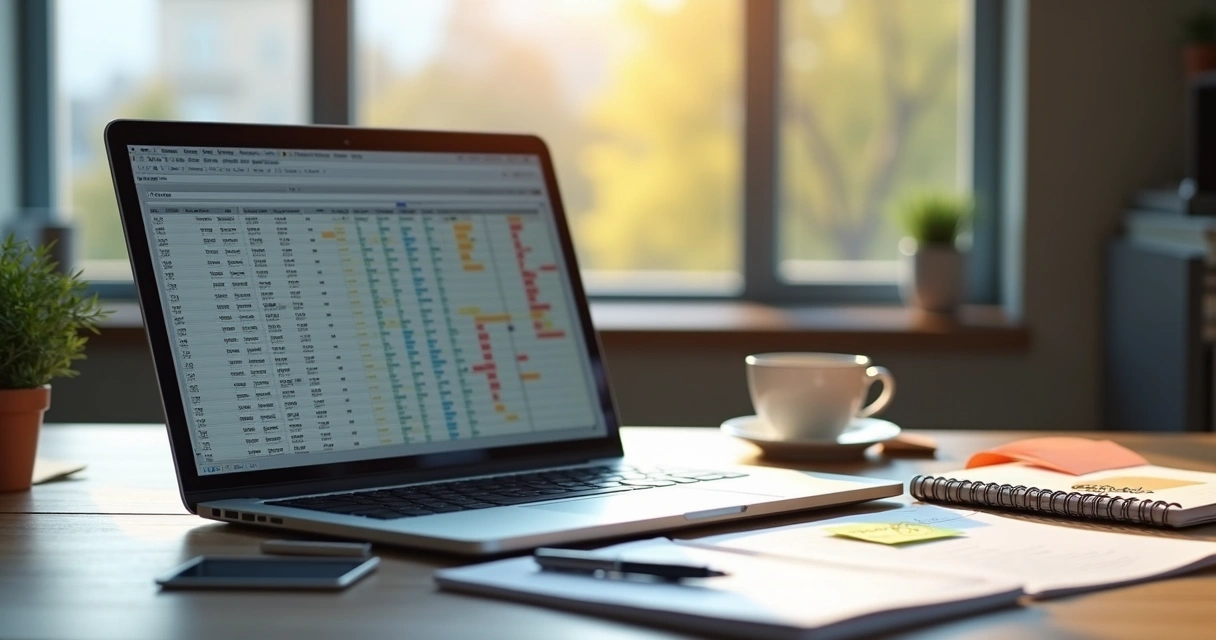 Notebook com planilhas e anotações ao lado em mesa de escritório 