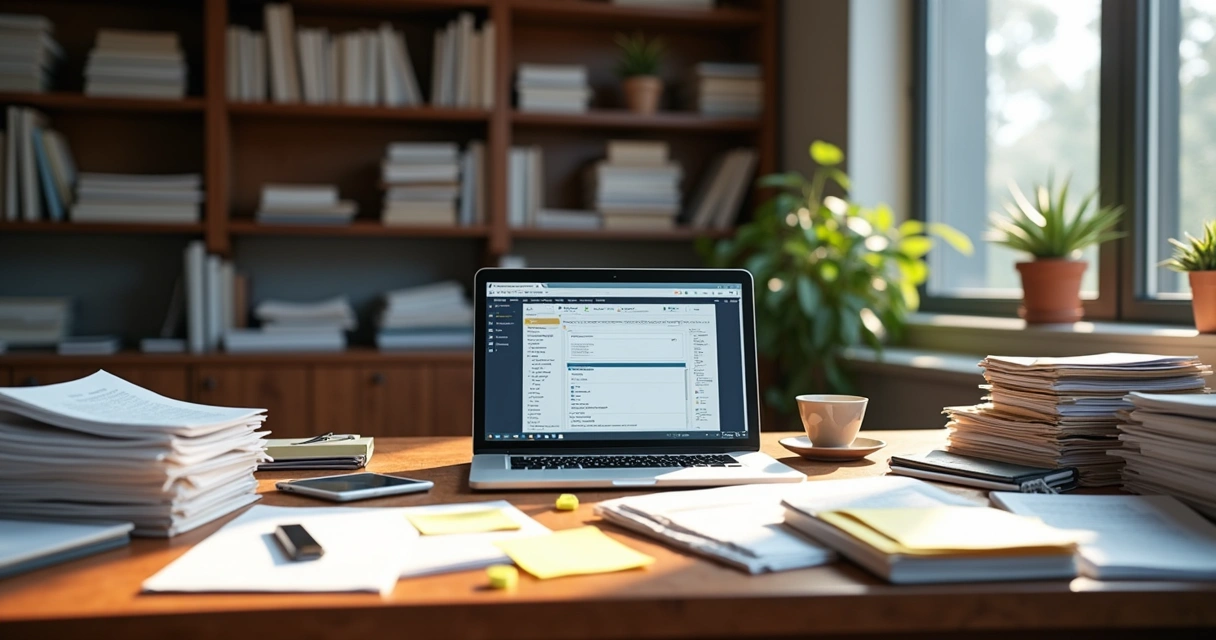 Freelancer procurando documento em mesa bagunçada 