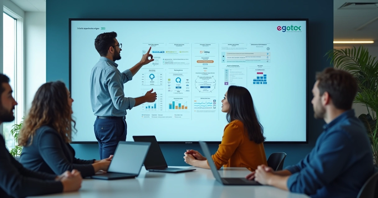 Equipe reunida em sala de reunião analisando calendário de prazos em painel digital 