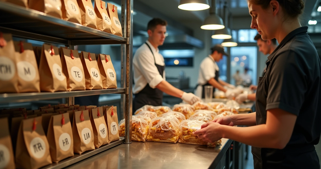 Prateleiras com pedidos organizados na cozinha de restaurante 