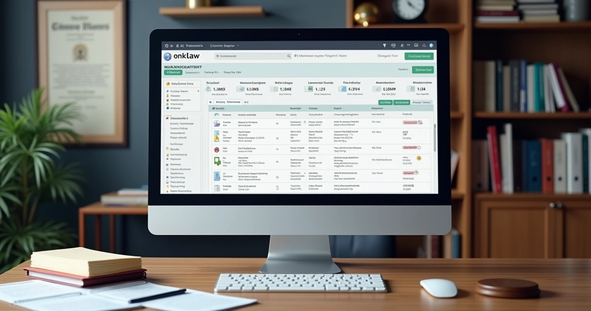 Tela de computador com sistema de gestão de documentos jurídicos digitais em destaque 