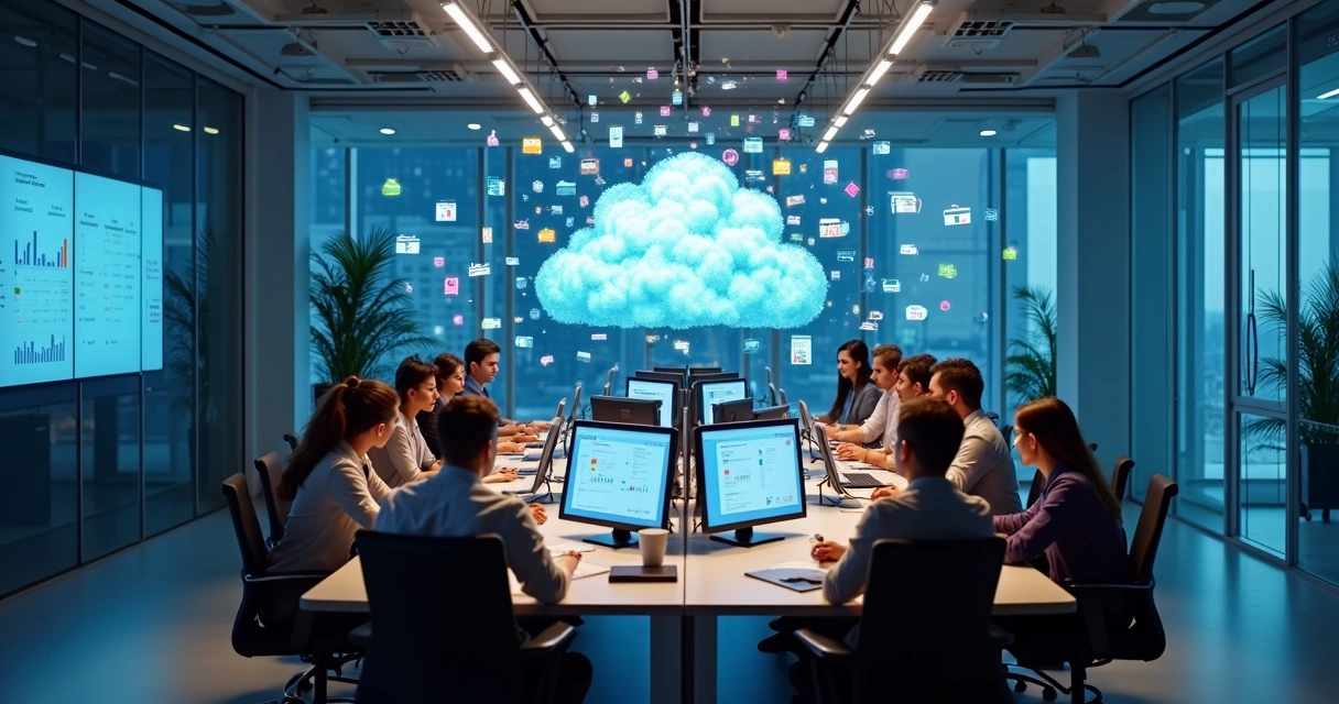 Trabalho colaborativo de equipe contábil em frente a telas de computadores com gráficos e pastas digitais 