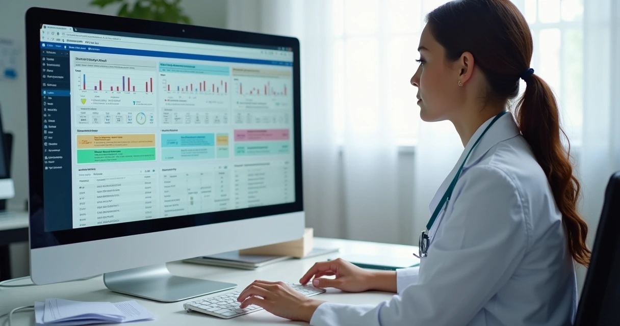 Nutricionista organizando exames digitais em um computador 