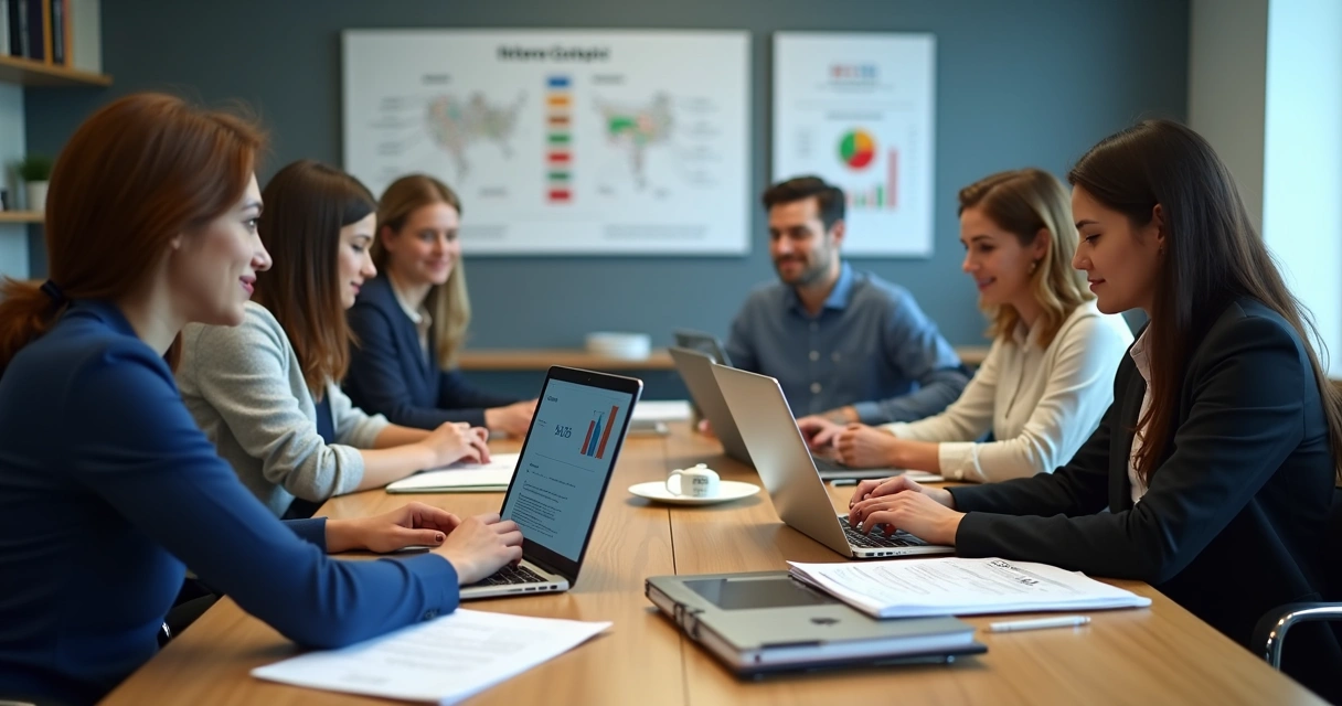 Pessoas ao redor de uma mesa com documentos fiscais digitais e computadores 