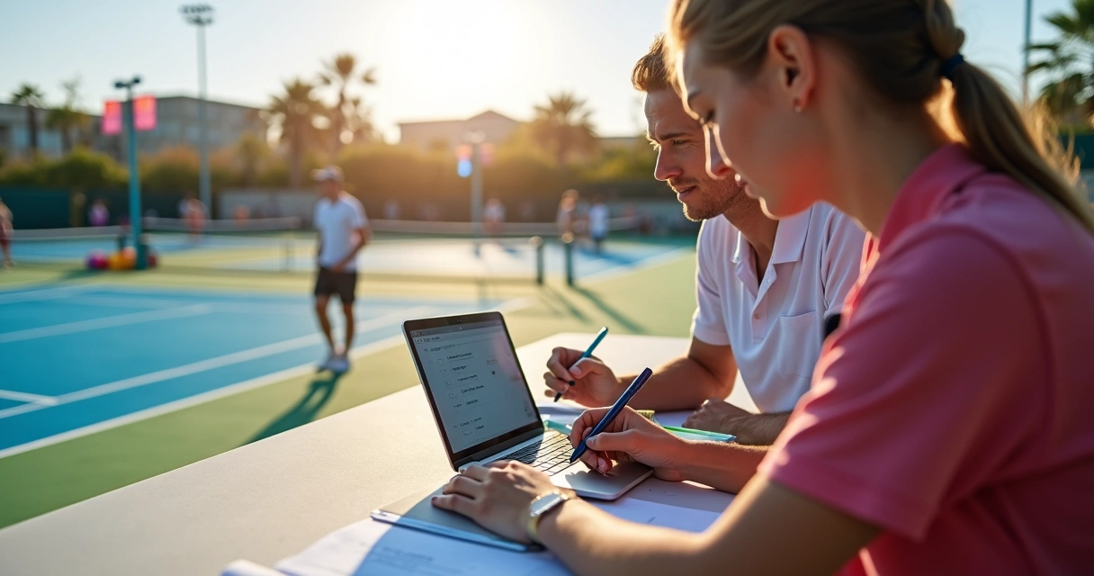 Equipe organizando torneio esportivo com tablet e quadras de beach tennis ao fundo 