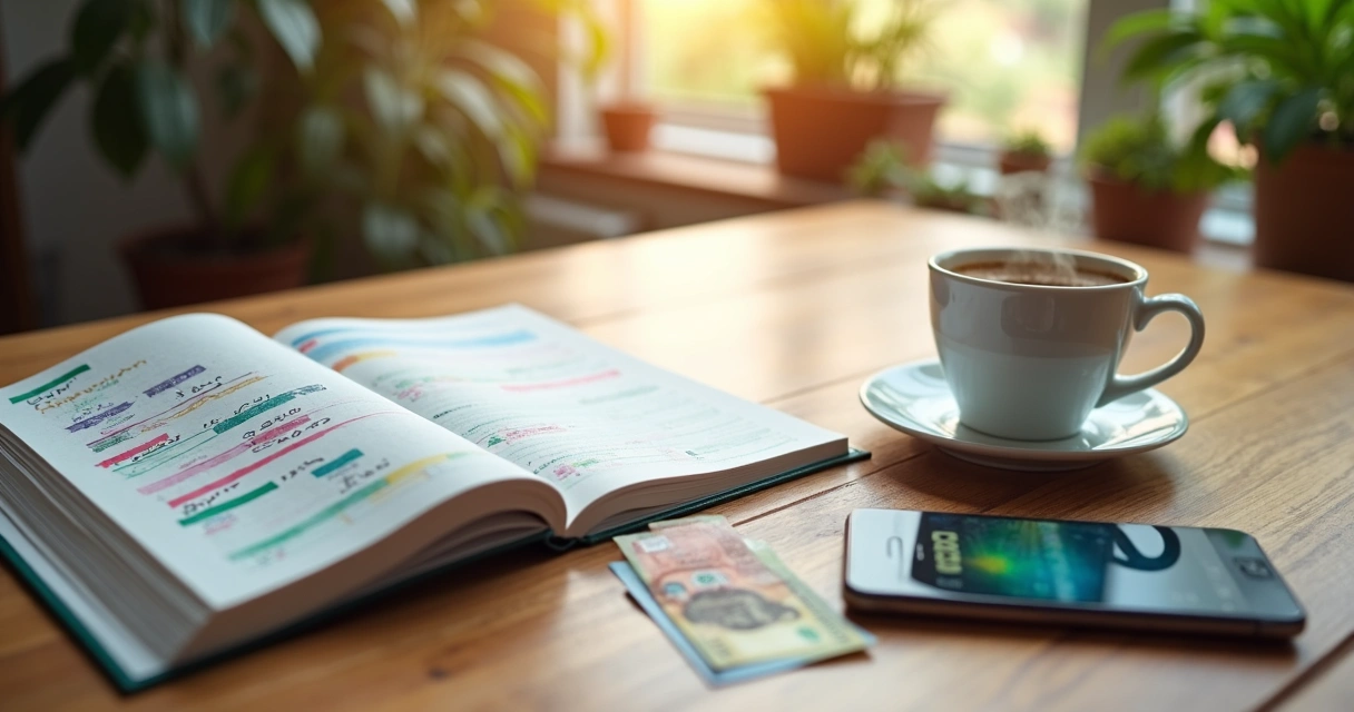Organização de dinheiro, app e planilha na mesa 