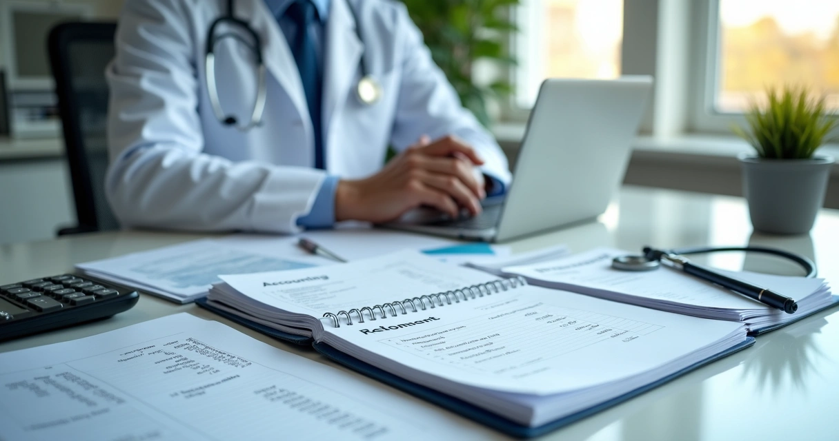 Mesa com documentos contábeis e notebook em consultório