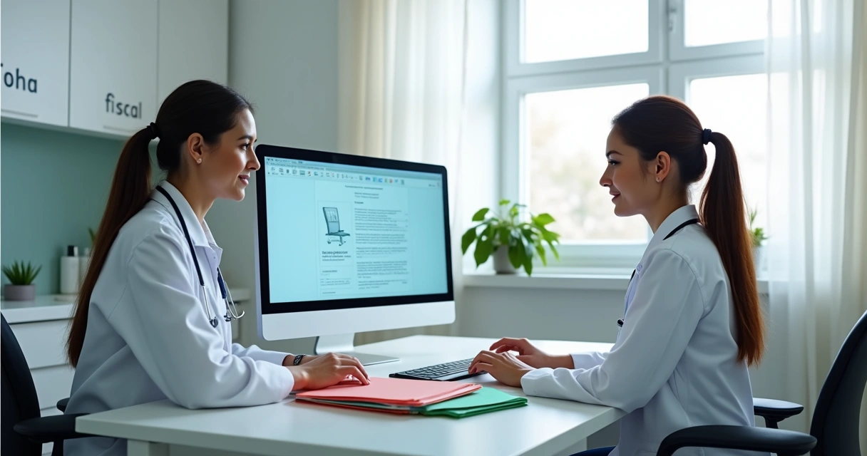 Médico organizando documentos em uma clínica. 