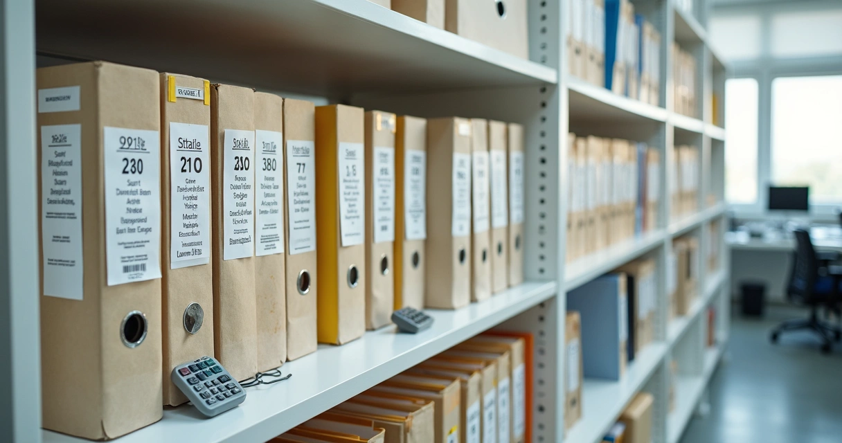 Pastas organizadas por ano e tipo de documento em estante branca