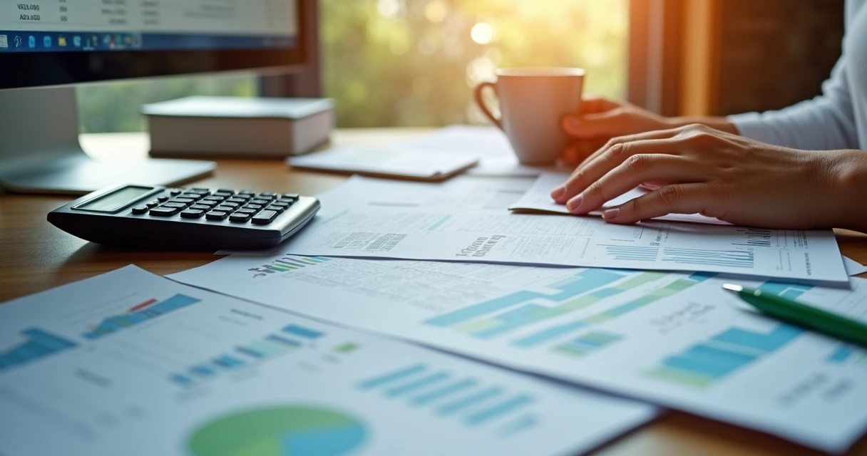 Mesa de escritório com papéis organizados, extratos e planilhas de balanço 