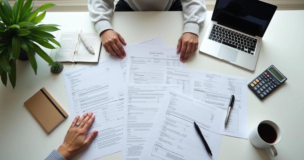 Documentos de empresa organizados sobre mesa com notebook e caneta 
