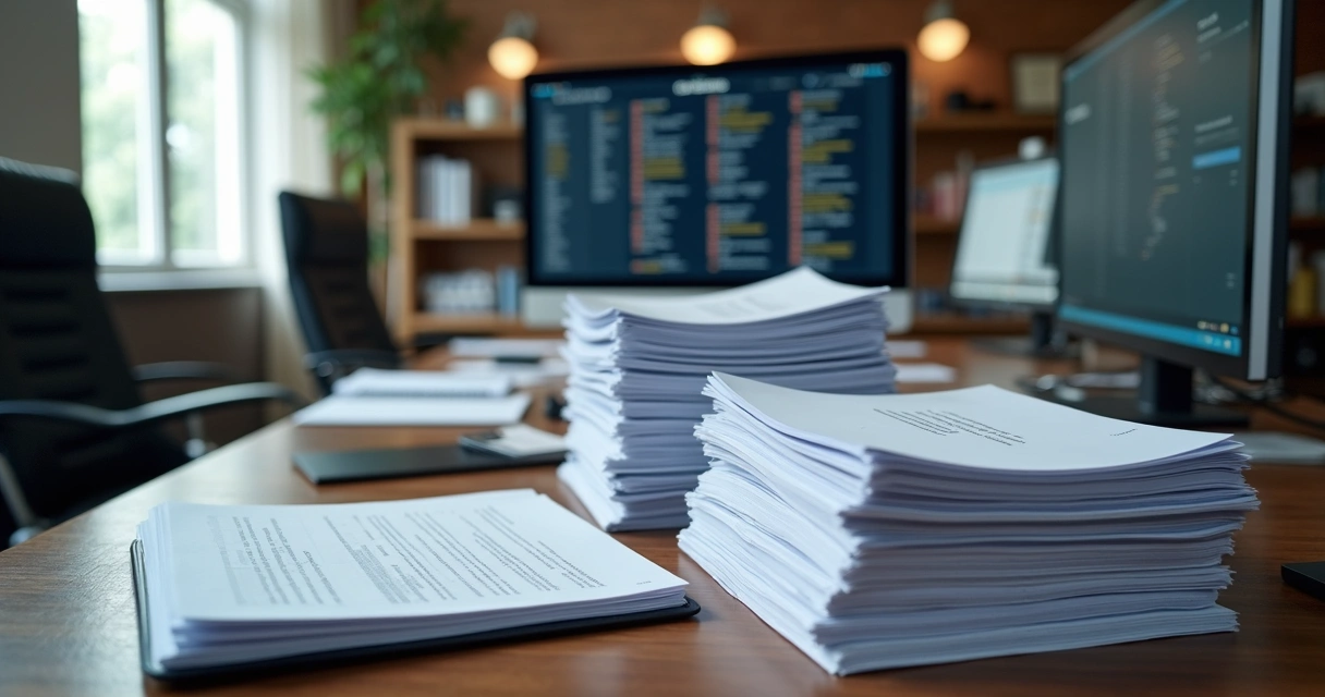 Documenos jurídicos organizados em pilhas diferentes em uma mesa de escritório 