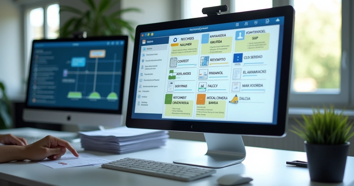 Documentos fiscais organizados em tela com painel contábil 
