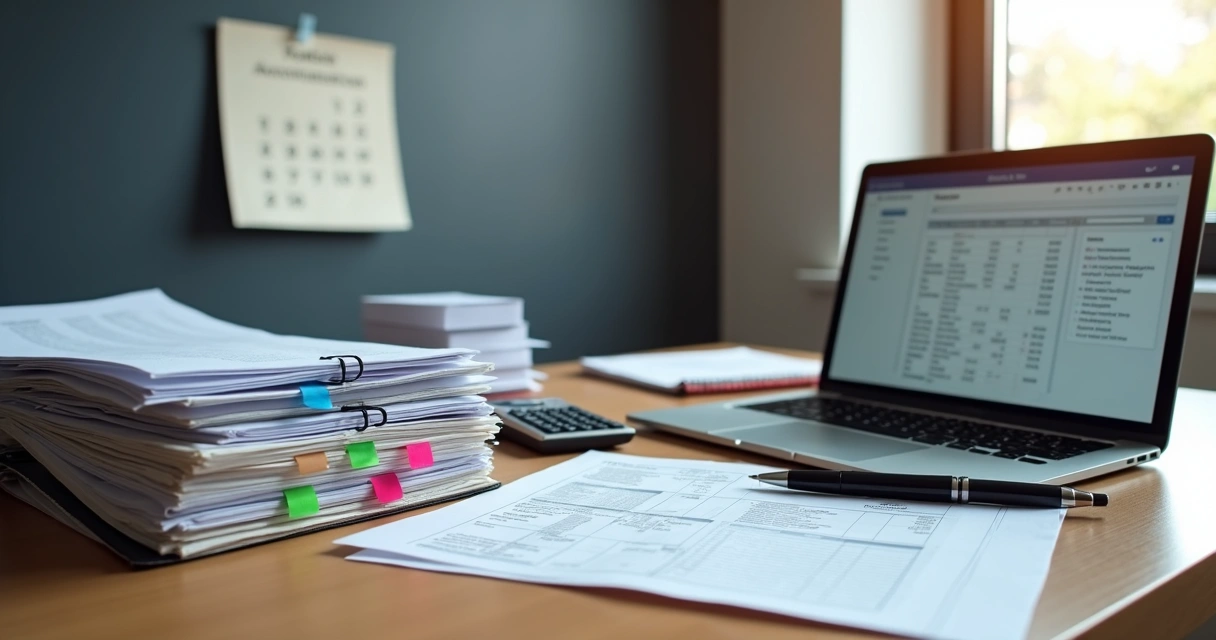 Mesa de escritório com documentos fiscais organizados, calendário e laptop abertos 