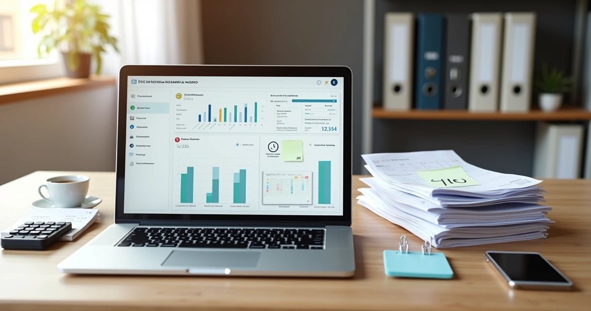 Mesa de trabalho com notebook e pilha organizada de documentos fiscais de empresa PJ 