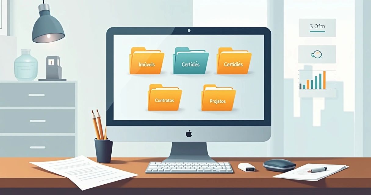 Arquivos digitais de documentos imobiliários organizados por categorias em tela de computador. 
