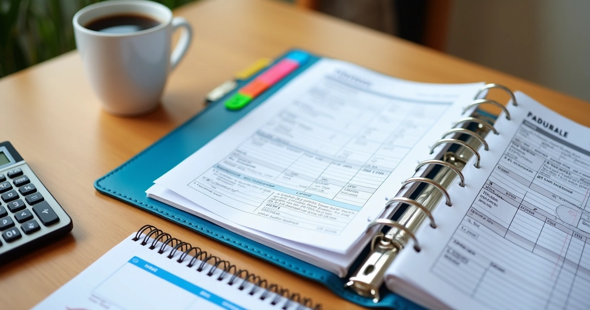 Pasta organizada com documentos fiscais, carteira de trabalho brasileira e calculadora 