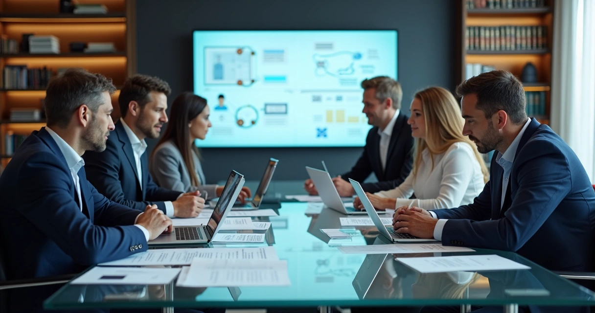 Reunião de executivos de tecnologia analisando documentos com gráficos e contratos 