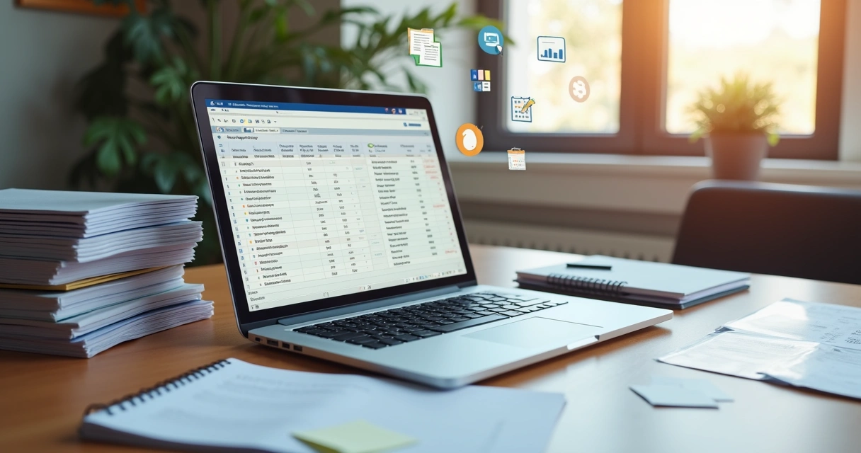 Mesa de escritório moderna com laptop, pastas organizadas, bloco de notas e documentos digitalizados empilhados, iluminação suave