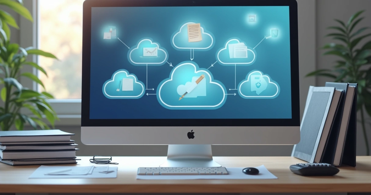 Mesa de escritório com computador, pastas físicas e tela mostrando arquivos digitais 