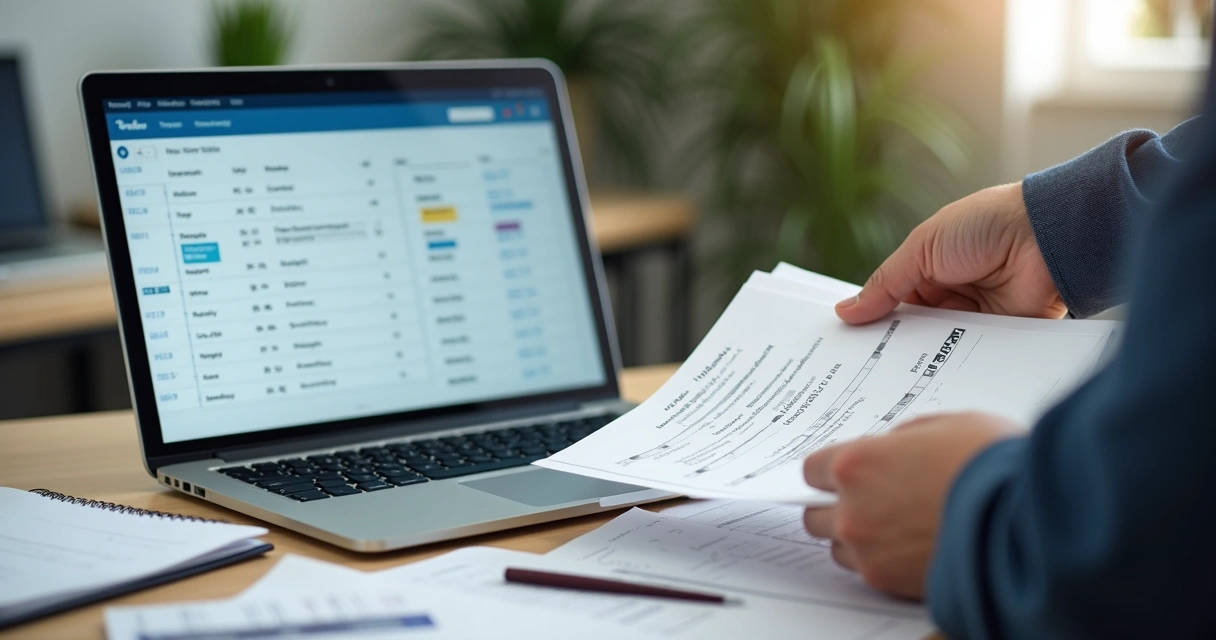 Pessoa organizando comprovantes fiscais e pastas digitais na tela do notebook 