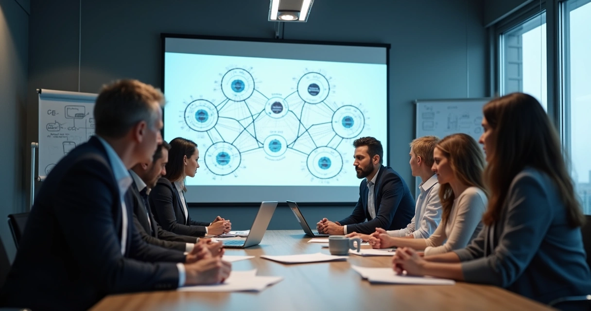 Pessoas em reunião analisando uma estrutura sistêmica organizacional 