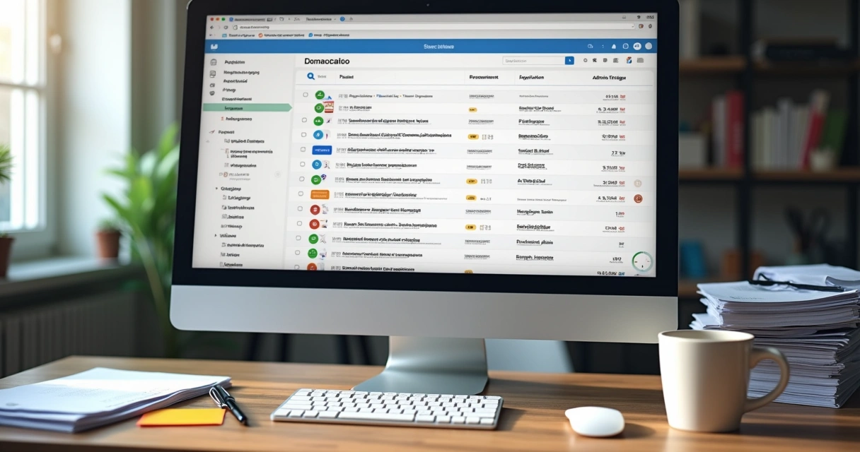 Monitor de computador exibindo pastas de e-mail organizadas 