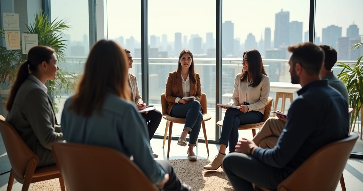 Equipe diversa em roda de conversa em escritório moderno simbolizando saúde emocional nas organizações 