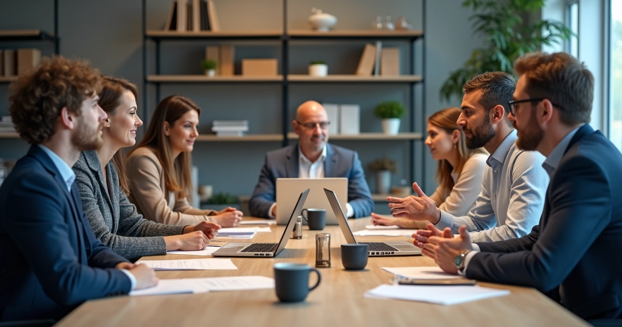 Pessoas em uma mesa de reunião, representando diferentes níveis da organização empresarial