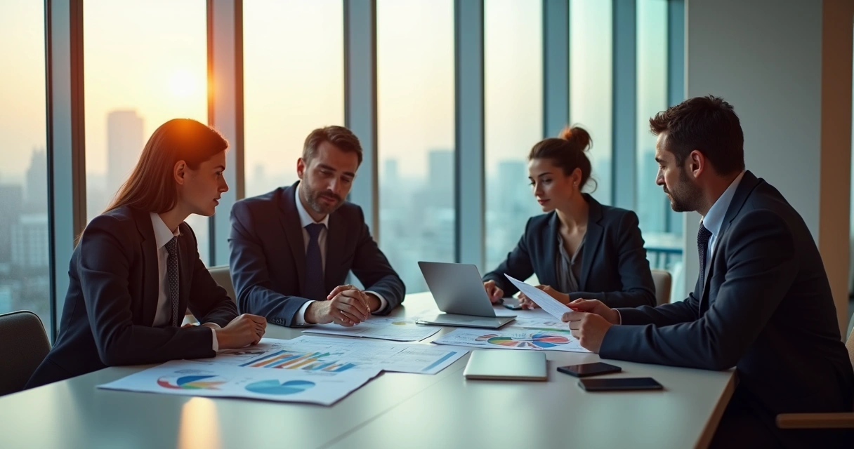 Equipe empresarial analisando documentos em reunião ao redor de uma mesa 