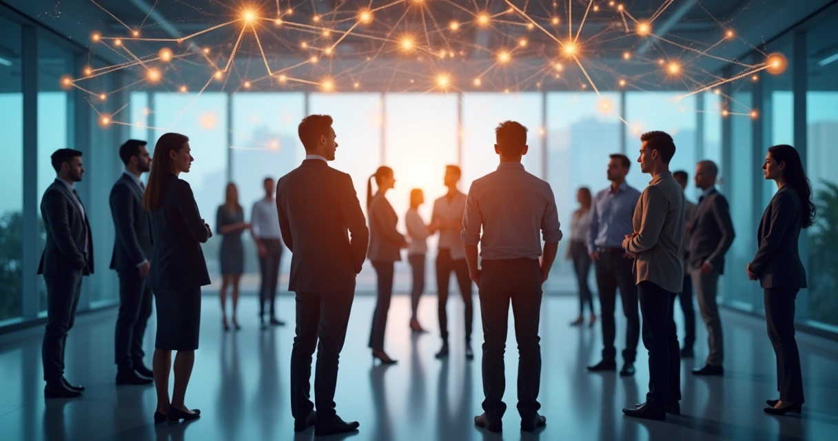 Equipe de trabalho em círculo com fluxos representando relações organizacionais 